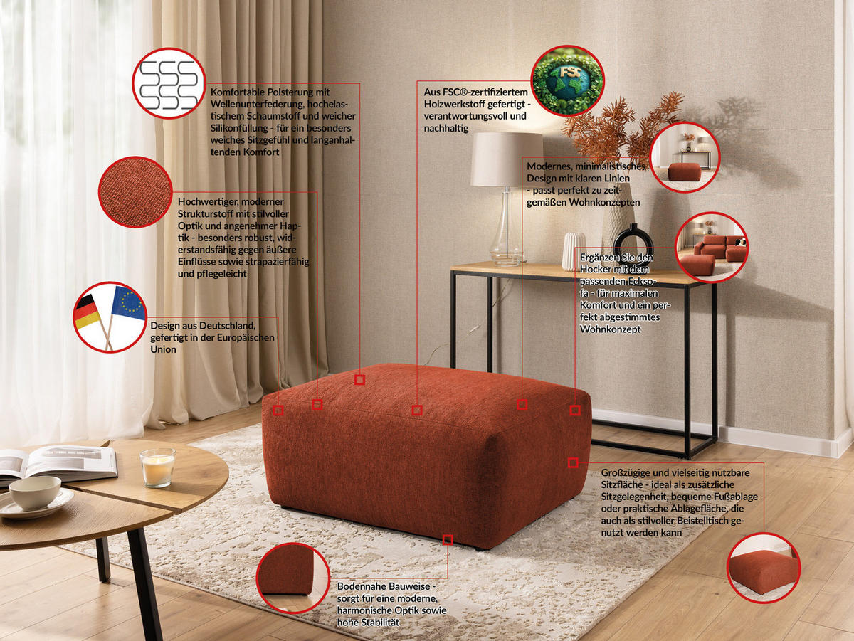 ECKSOFA inkl. Hocker Lennon aus Terrakotta Strukturstoff mit Schlaffunktion und Bettkasten - Terracotta/Schwarz, Holz/Kunststoff (137/264cm) - S-Style