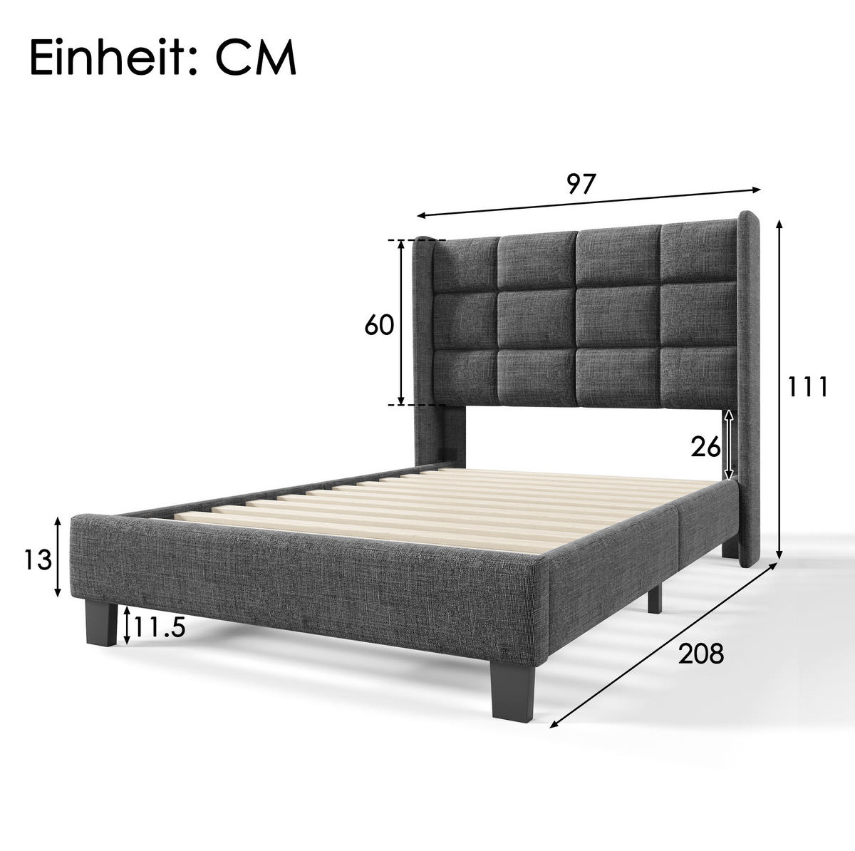 POLSTERBETT mit Lattenrost 90x200 cm Leinen Grau - Grau, Metall (90/200cm) - Beauniv