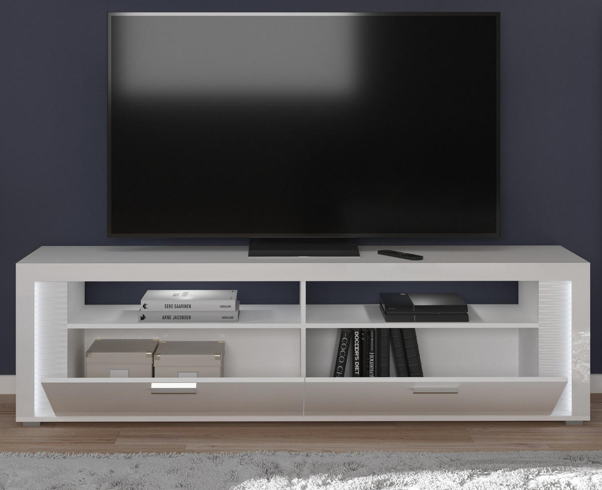 TV-LOWBOARD weiß Hochglanz, Flat-TV Board 200 cm, inkl. Beleuchtung - Weiß Hochglanz/Silberfarben, Holzwerkstoff/Kunststoff (204/58/46cm) - Inn.Furn