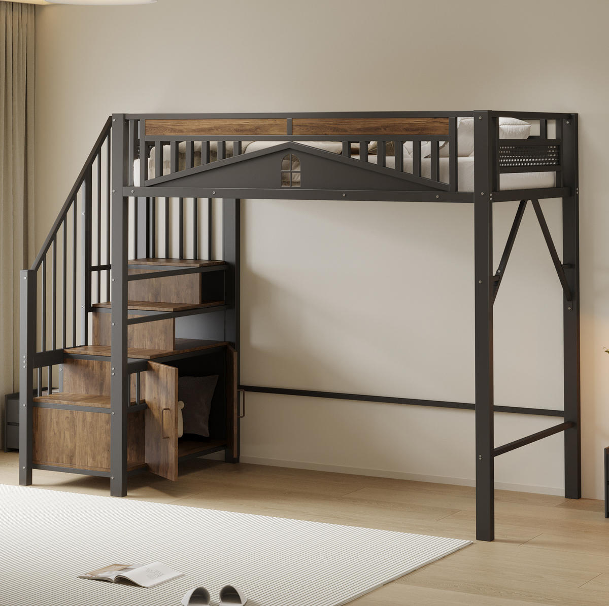 HOCHBETT 90/200 cm mit Stauraumtreppe, Schrank und Sicherheitszaun aus Metall/ Holzwerkstoff, Schwarz - Schwarz, Metall (90/200cm) - Redom
