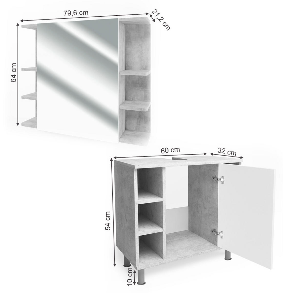 BADMÖBEL-SET Fynn Beton 2 Teile - Weiß/Grau, Holzwerkstoff (60/54/32cm) - Vicco
