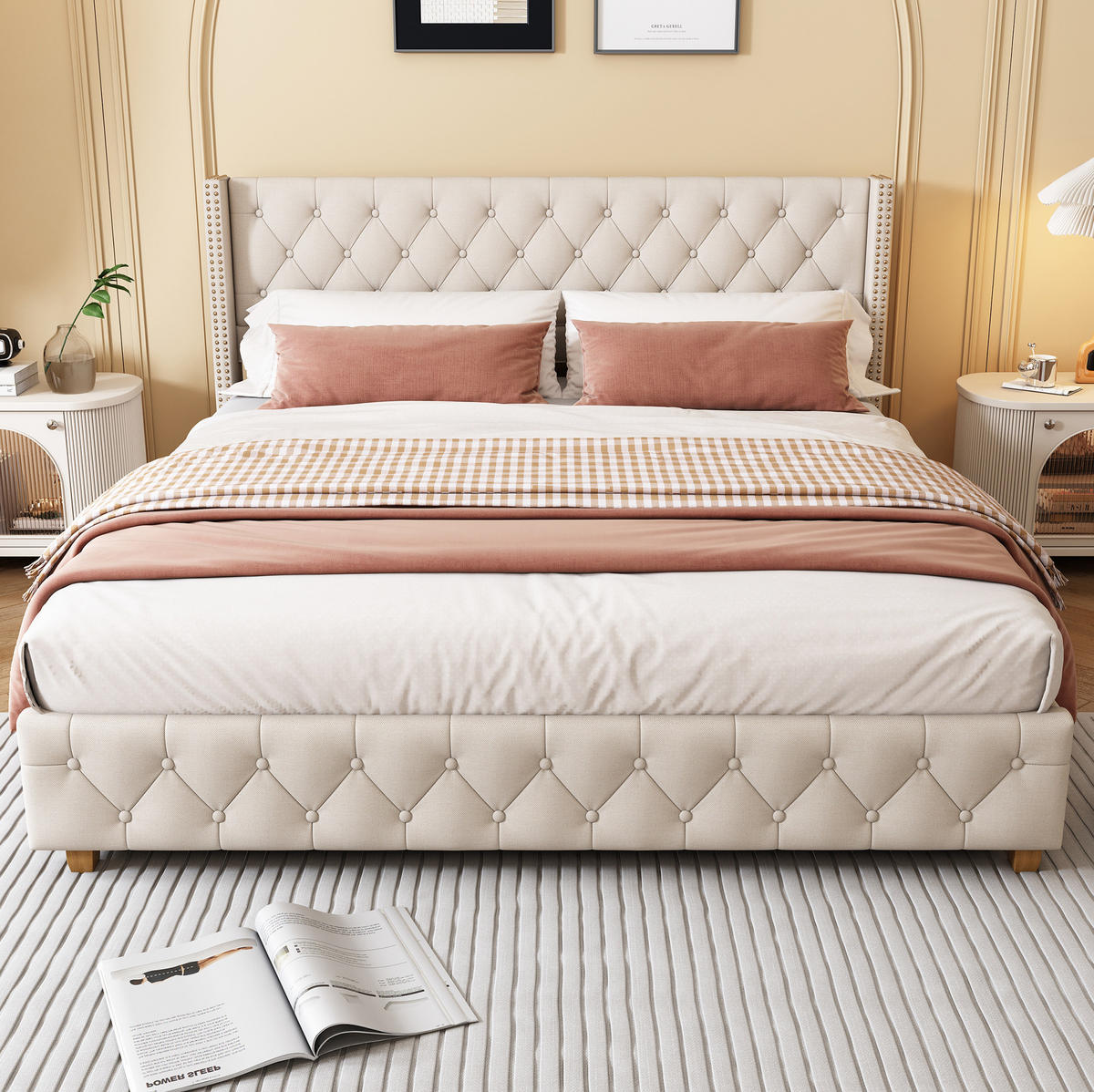 POLSTERBETT 160/200 cm Beige mit Lattenrost und Nietenpolsterung - Weiß, Textil (160/200cm) - OKWISH