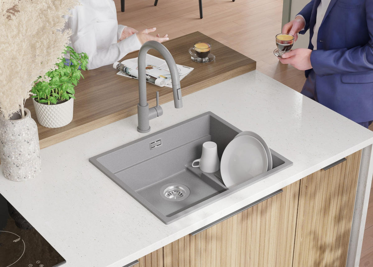 GRANITSPÜLE Praga Slim, 2-er set Grau 56/47 cm 1 Becken + Küchenarmatur 38/14 cm + Ablauf-Set + Aufrollbare Abtropffläche ab 60er Unterschrank - Chromfarben/Grau, Kunststoff (56/20/47cm) - Primagran