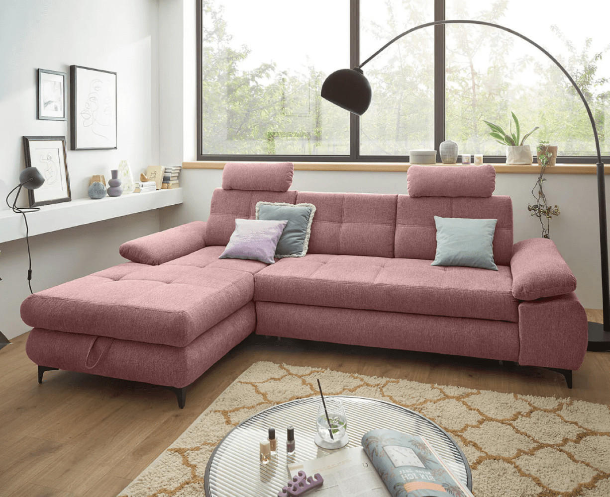 ECKSOFA mit Schlaffunktion und Bettkasten - Schwarz/Rosa, Kunststoff/Textil (274/177cm) - ed exciting design