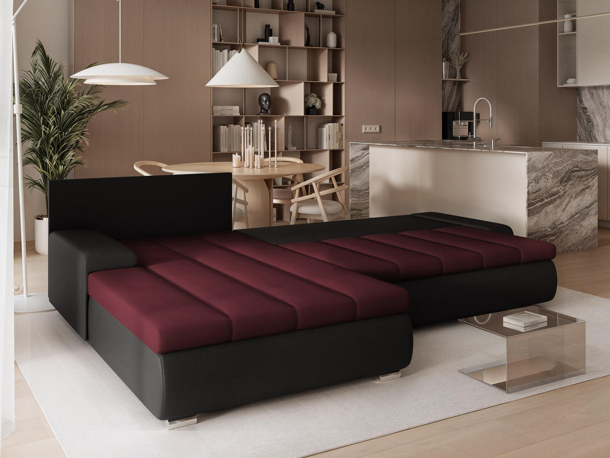ECKSOFA VELANO mit Schlaffunktion und Bettkasten Schwarz/Rot - Rot, Holzwerkstoff/Kunststoff (250/90cm) - Idohome