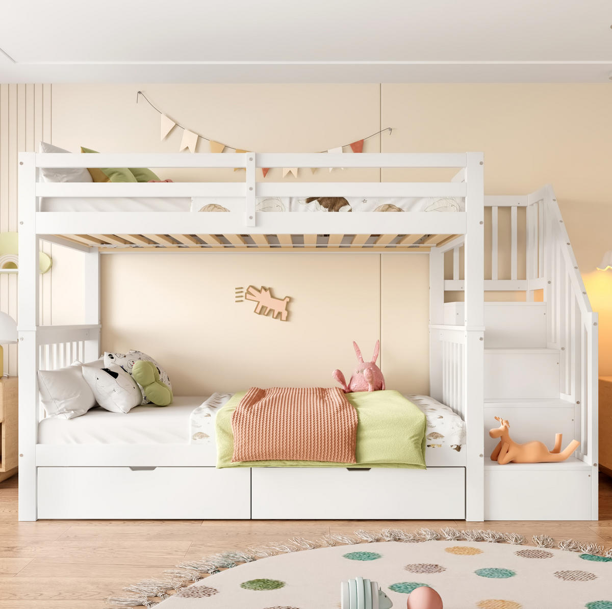 ETAGENBETT 90/200 cm Weiß mit Treppenregal und 2 Schubladen - Weiß, Holz (90/200cm) - Flora Grace