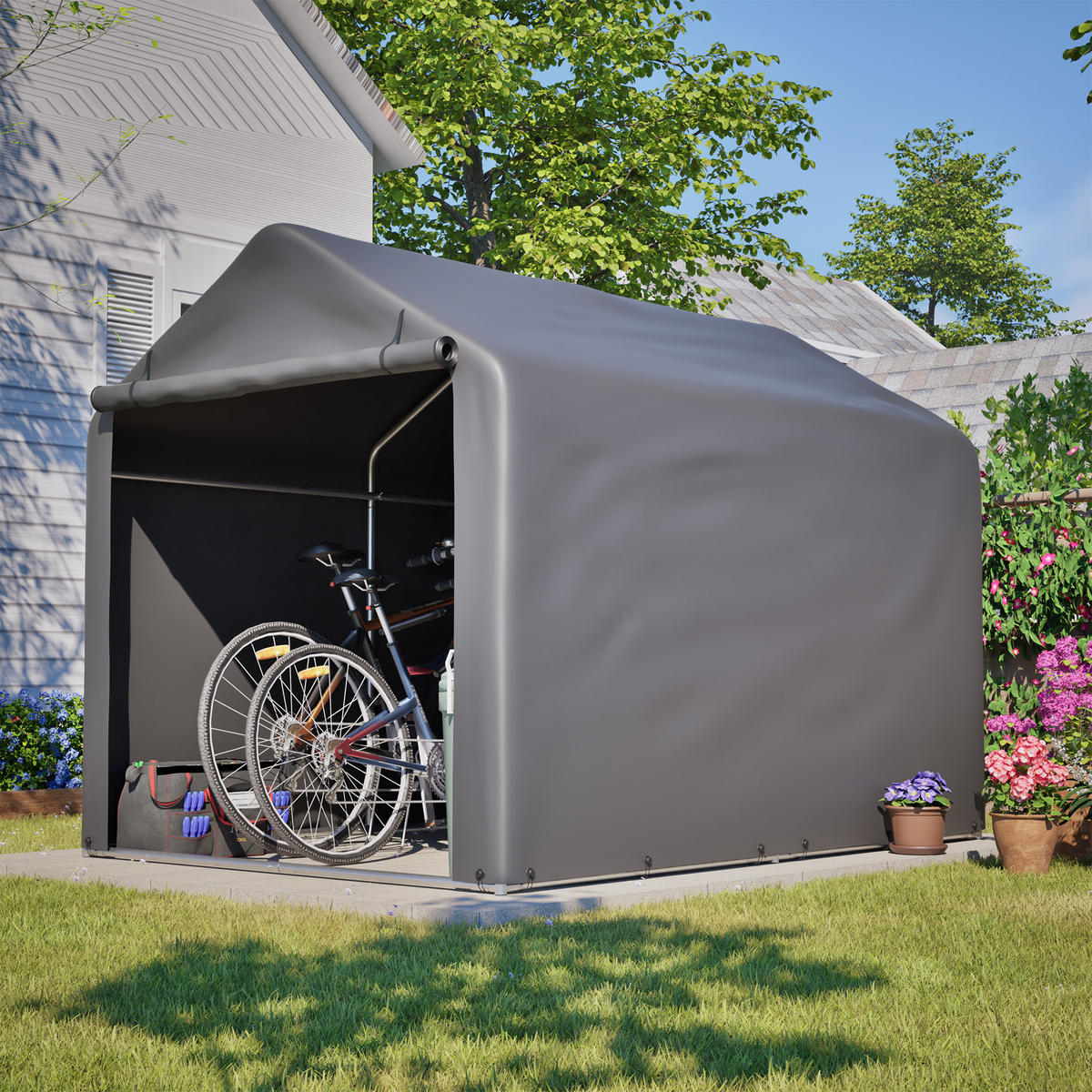 KLEINGARAGE aus Metall 160x220x165 cm Grau mit Rolltor - Grau, Metall (160/165/220cm) - Modfu