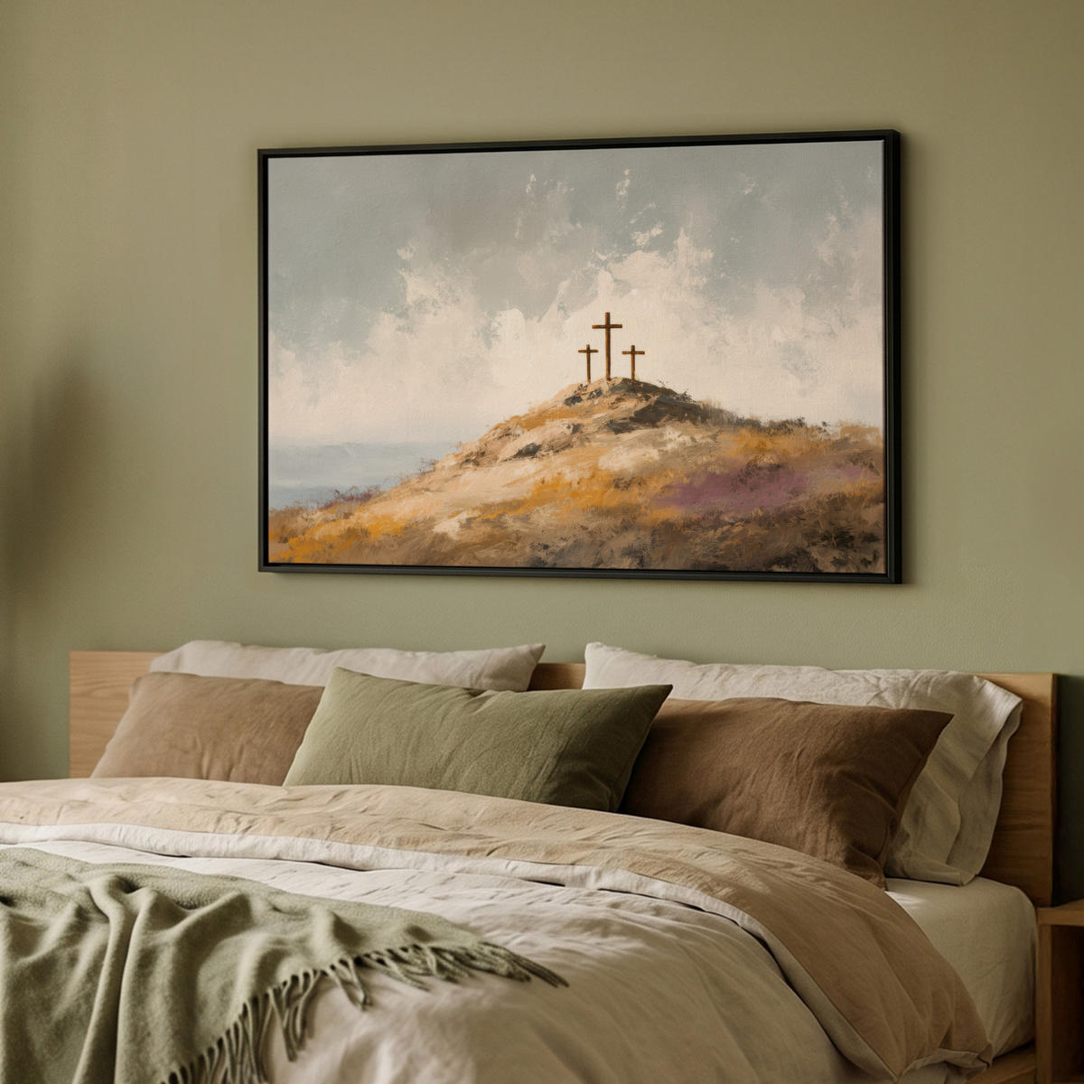 LEINWAND Bilder mit Rahmen - Hügel - Abstrakt - Christentum - Kreuz - 90x60 - Hellgrau, Textil (90/60cm) - MuchoWow
