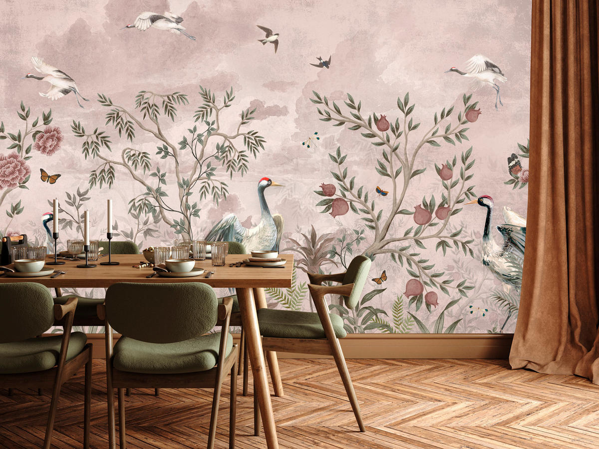 FOTOTAPETE für Schlafzimmer Kraniche Bäume Tropische Blumen Büsche 500x350 - Beige/Rot, Papier (500/350cm) - Muralo