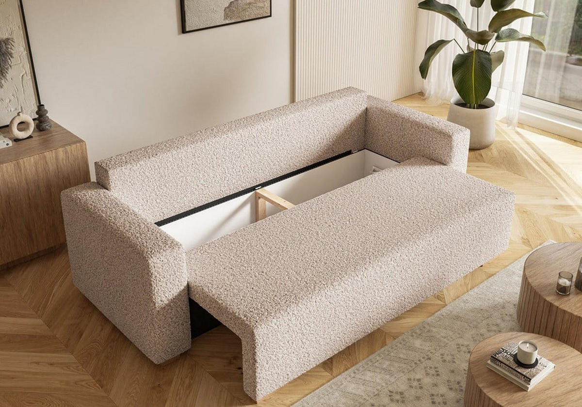 SCHLAFSOFA SOFIA, Sofa mit Schlaffunktion und Bettkasten, Farbe: Taupe, Bouclé-Stoff - Taupe, Textil (236/92/85cm) - Sepro Meble