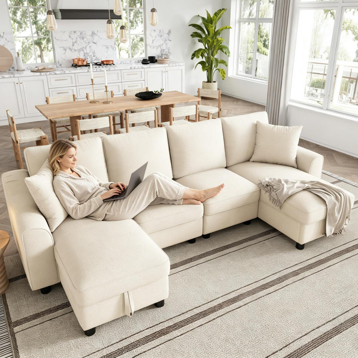 WOHNLANDSCHAFT Chenille Beige mit Stauraum und mit Kissen - Beige, Holzwerkstoff/Kunststoff (280/84/173cm) - WISHDOR
