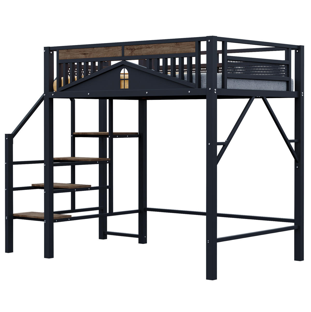 HOCHBETT 140/200 cm aus Metall/Holz mit Fensterdesign und Stauraumleiter Schwarz - Schwarz, Metall (140/200cm) - Modenvie