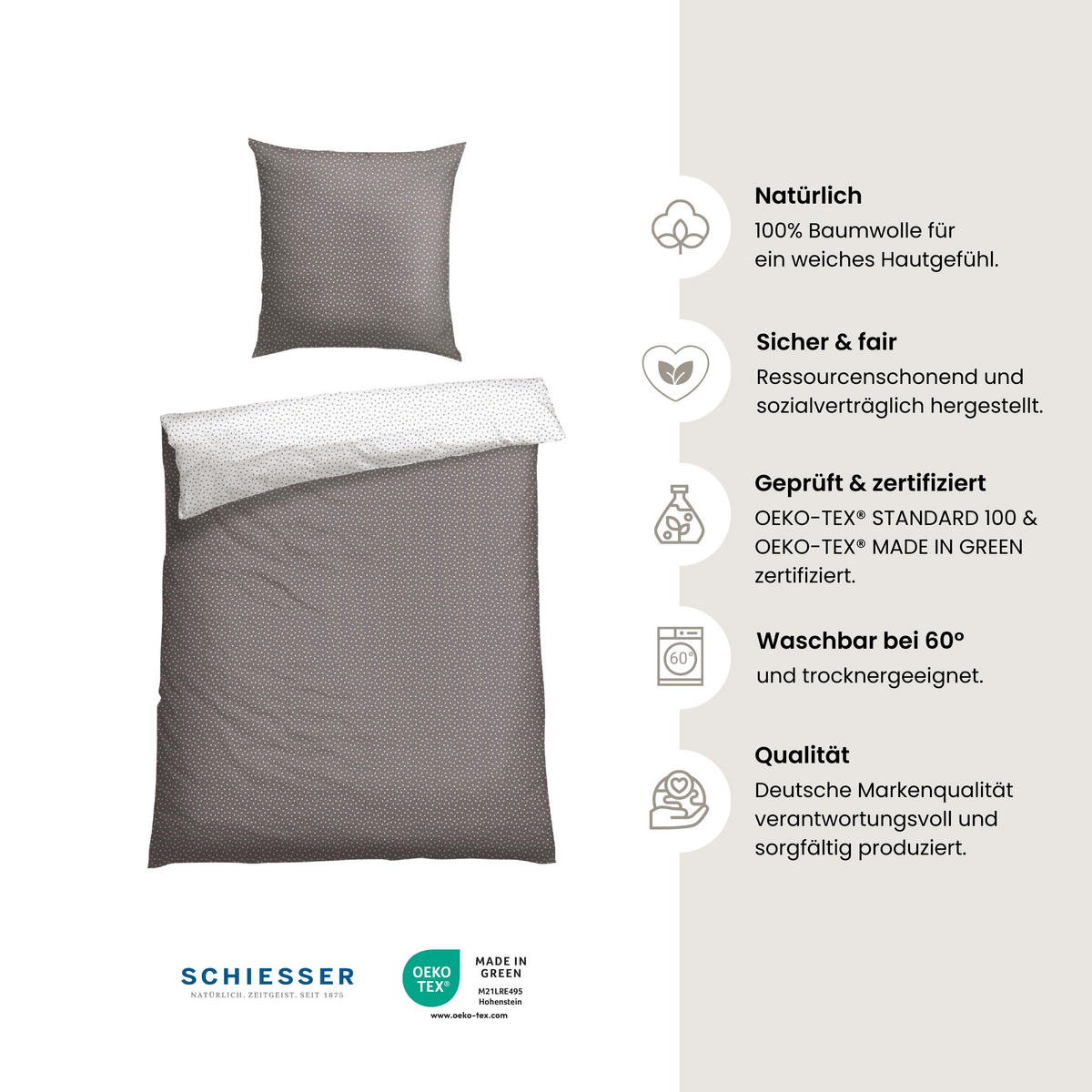 BETTWÄSCHESET Millie - Renforcé - 2-teilig - 155 x 220 cm - Grau - Grau, Textil (155/220cm) - SCHIESSER