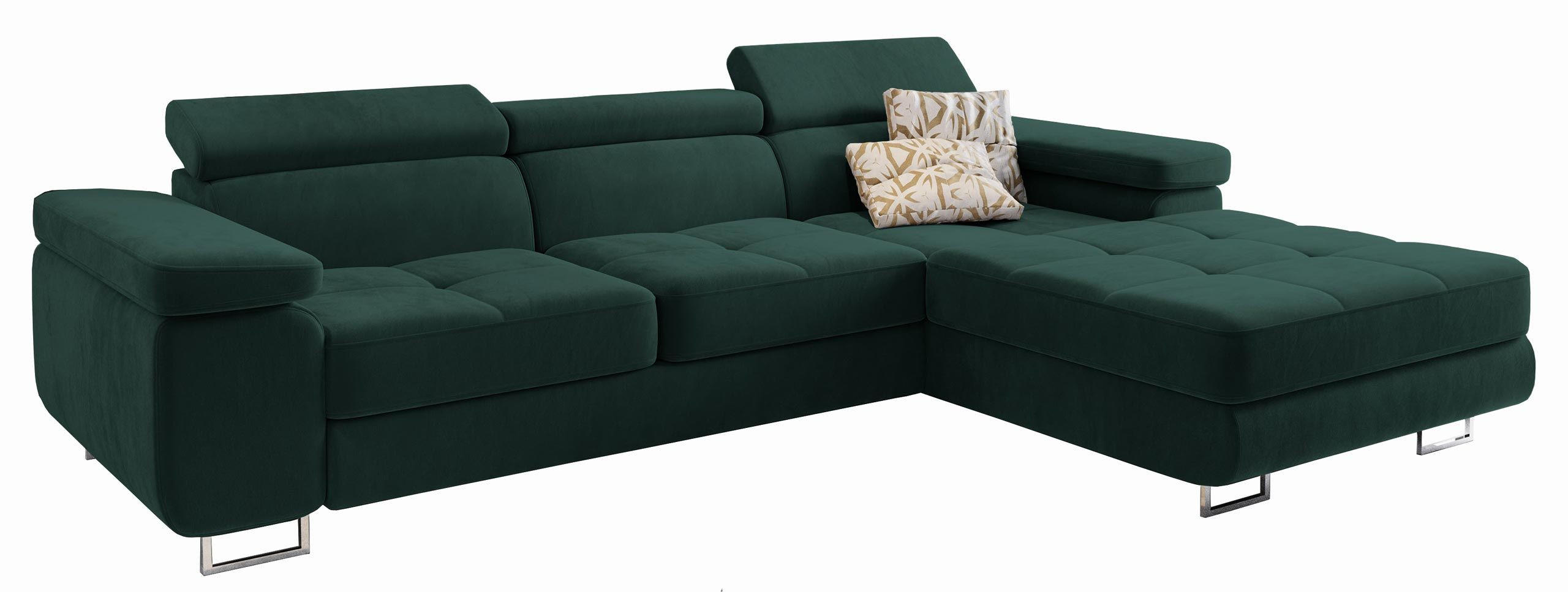 ECKSOFA ELMA R-S Grün Velours-Stoff mit Schlaffunktion - Grün, Holz (280/205cm) - MASSENO
