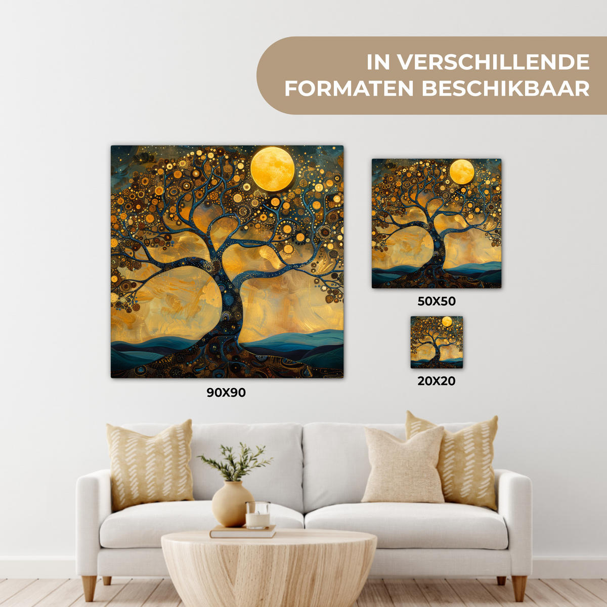 LEINWANDBILD Baum - Mond - Blumen - Gold - Kunst Wandbild Wohnzimmer 50x50 cm - Orange, Textil (50/50cm) - MuchoWow