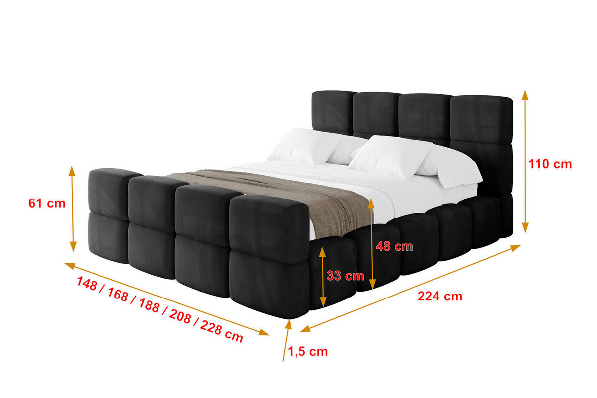 POLSTERBETT mit Bettkasten und Lattenrost, Bett mit Kopfteil, Boxbett ohne Matratze, Doppelbett mit Stauraum - NATA-Z 120x200 Schwarz - Schwarz Hochglanz, Holzwerkstoff/Textil (120/200cm) - ALTDECOR
