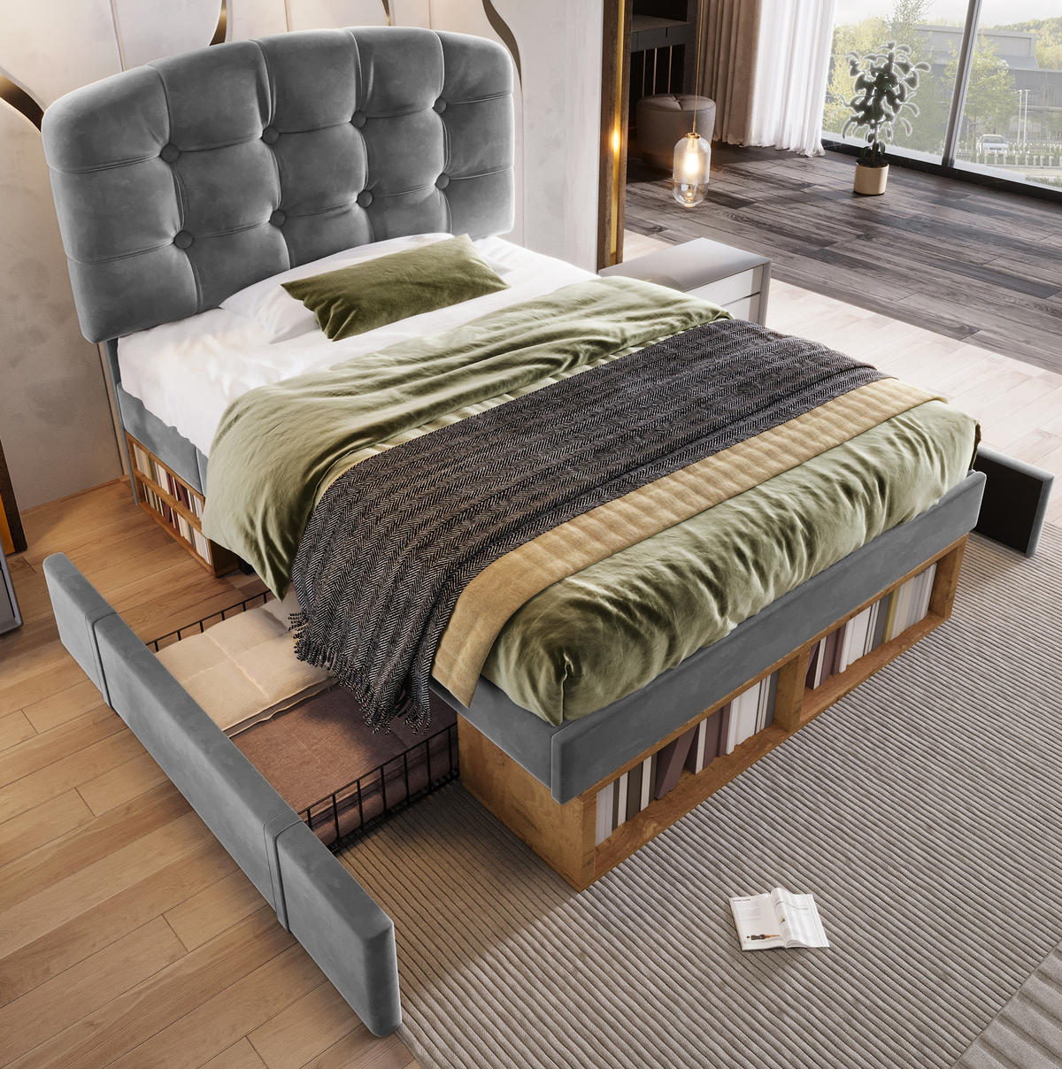 BETT mit Schubladen und Stauraum 90x200 cm Samt Grau - Grau, Metall (90/200cm) - Meubliv