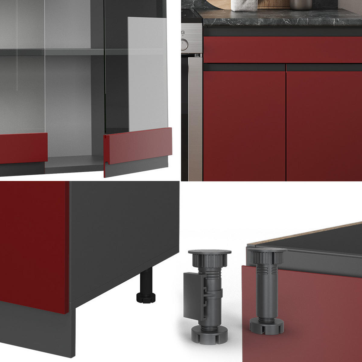 KÜCHENZEILE R-Line Rot/Anthrazit 200 cm, AP Marmor - Anthrazit/Rot, Holzwerkstoff (200/81.6/60cm) - Vicco