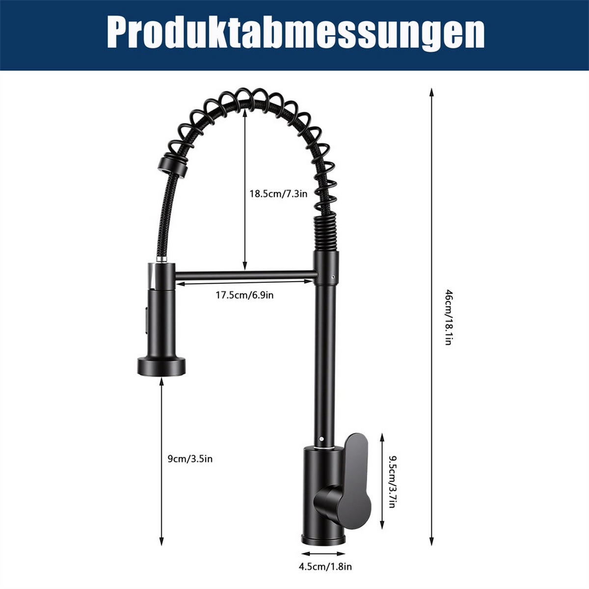 KÜCHENARMATUR Schwarz mit Herausziehbarer Geschirrbrause - Wasserhahn Küche mit 360° Drehbar Spülbecken Wasserhahn - Schwarz, Metall (17.5/46/4.5cm) - DELFA