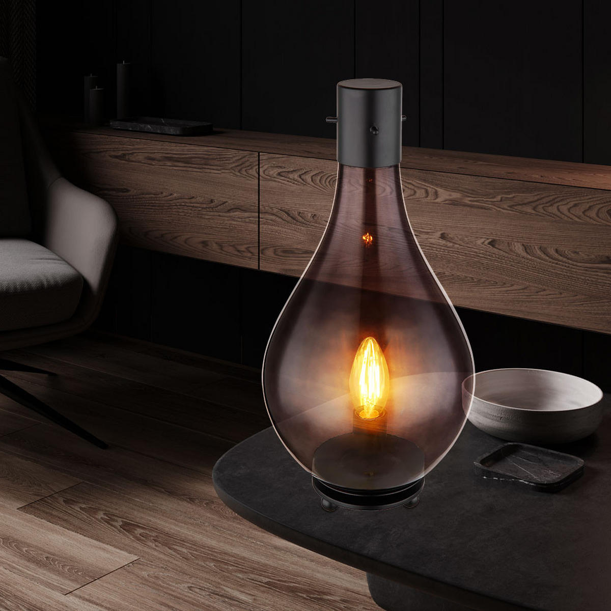 LED TISCHLEUCHTE Glas Rauch Schwarz - Grau, Glas (18/18/35cm) - Globo Lighting