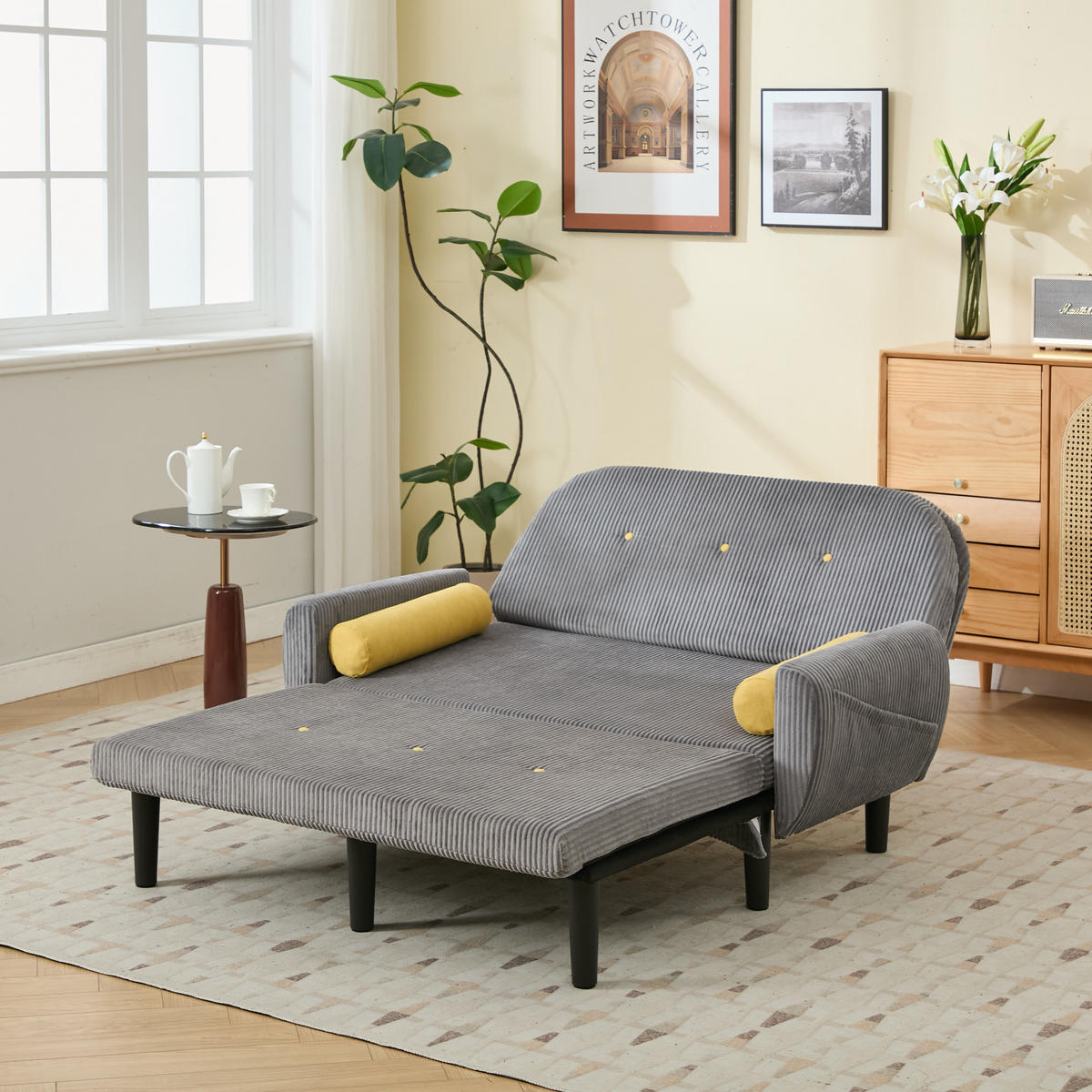 2-SITZER SCHLAFSOFA Cord Grau mit verstellbarer Rückenlehne und 2 Kissen - Grau, Kunststoff/Textil (133.5/85/77cm) - WISHDOR