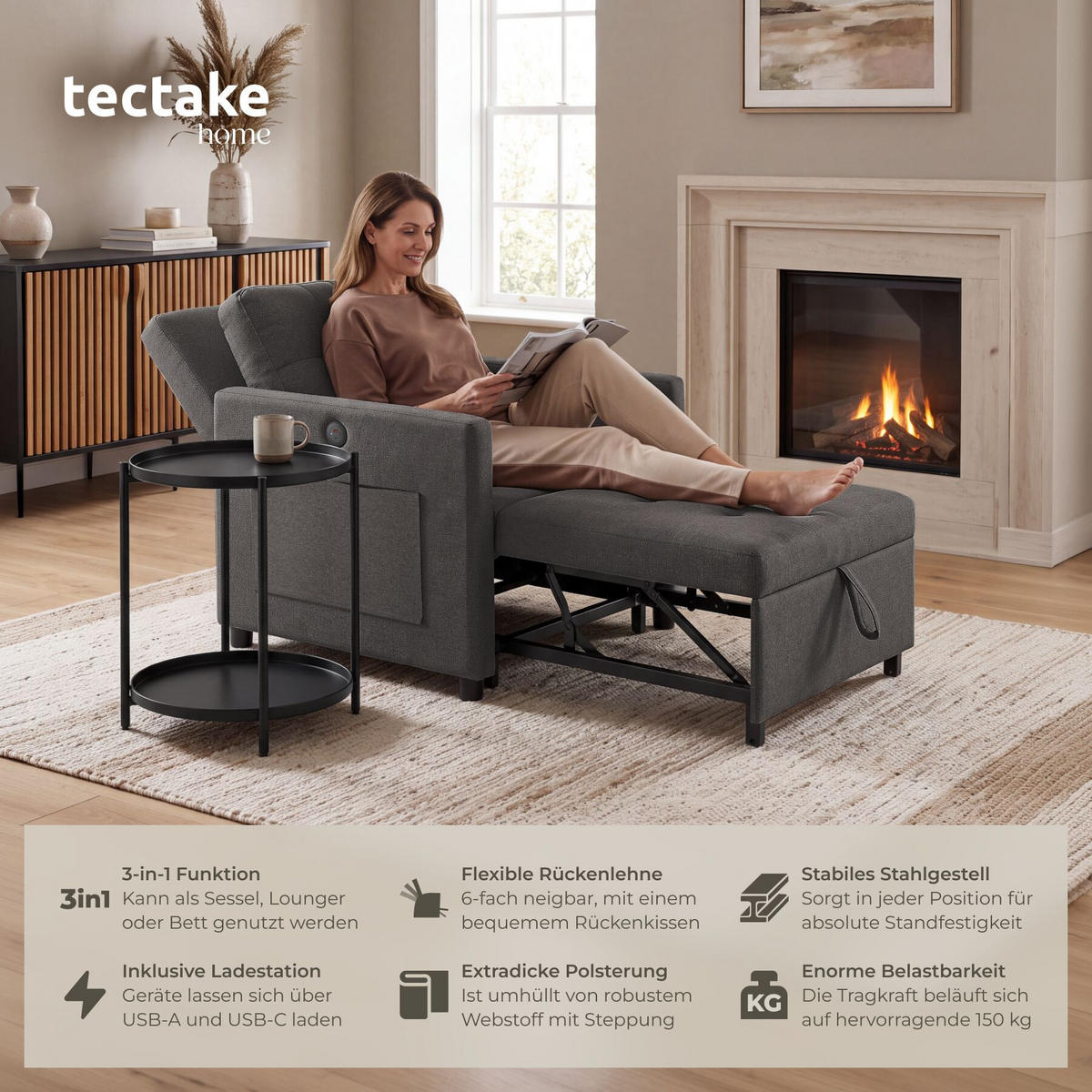SCHLAFSESSEL Toyama, 82 x 80 x 86 cm, Belastbarkeit 150 kg, dunkelgrau - Dunkelgrau, Textil (82/86/144cm) - tectake