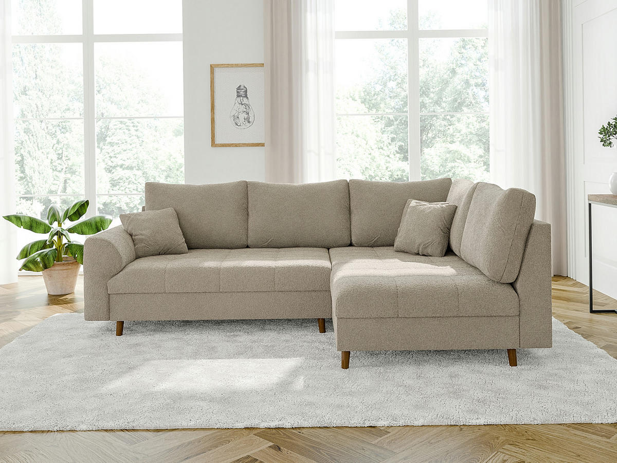 ECKSOFA inkl. Hocker Henrik Beige Boucle - Ottomane rechts - Beige/Braun, Holz/Textil (231/161cm) - S-Style Möbel