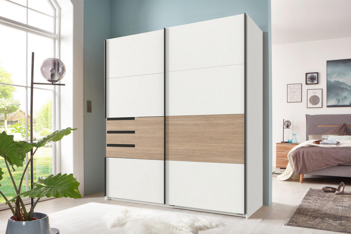 KLEIDERSCHRANK Bremen in Weiß mit Absetzungen in Multiplex Maße ca. 180 x 198 x 65 cm (B/H/T) – Schwebetürenschrank ohne Spiegel - Weiß, Holzwerkstoff (120/200/80cm)