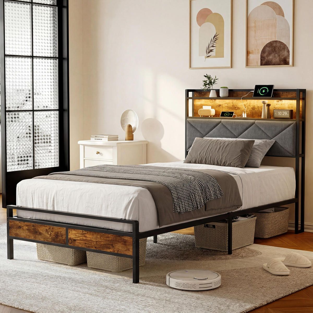 POLSTERBETT 90x200 cm, Einzelbett, LED, USB-/Typ-C-Anschlüsse, dunkle Holzmaserung, leinengrau - Grau, Holz (90/200cm) - BRILVERDE