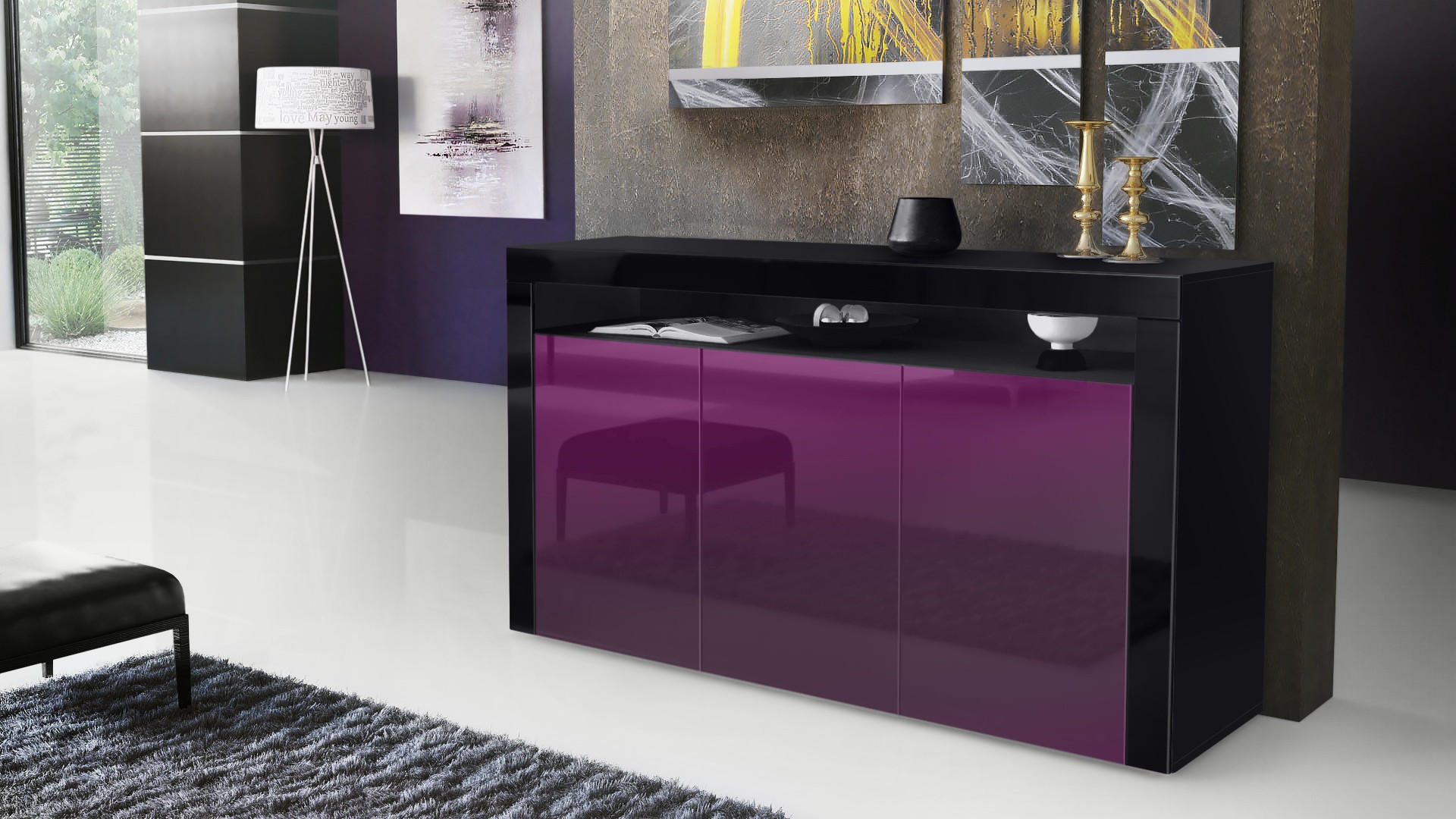 SIDEBOARD Valencia Brombeer Hochglanz / Schwarz Hochglanz - Brombeere, Holzwerkstoff (155/92/40cm) - Vladon