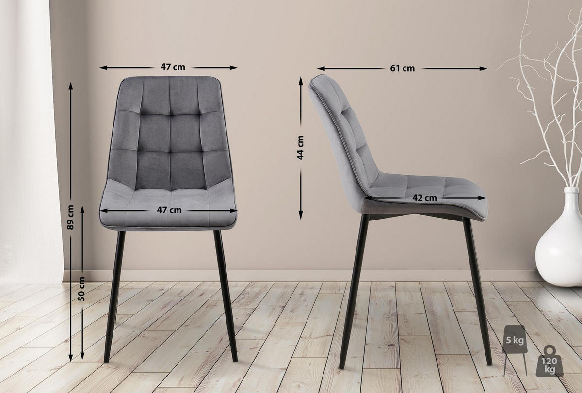 STUHL Samt dunkelgrau - Dunkelgrau/Schwarz, Textil/Metall (47/89/61cm) - CLP