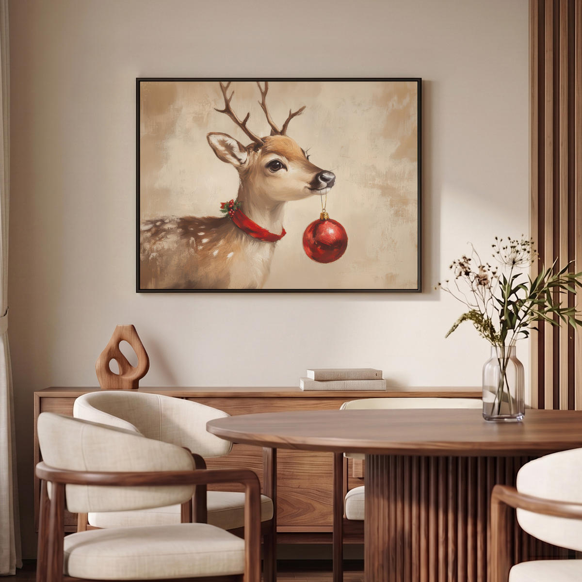 LEINWAND Bilder mit Rahmen - Weihnachten - Hirsch - Geweih - Weihnachtskugel - Rentier - 100x70 - Hellbraun, Textil (100/70cm) - MuchoWow