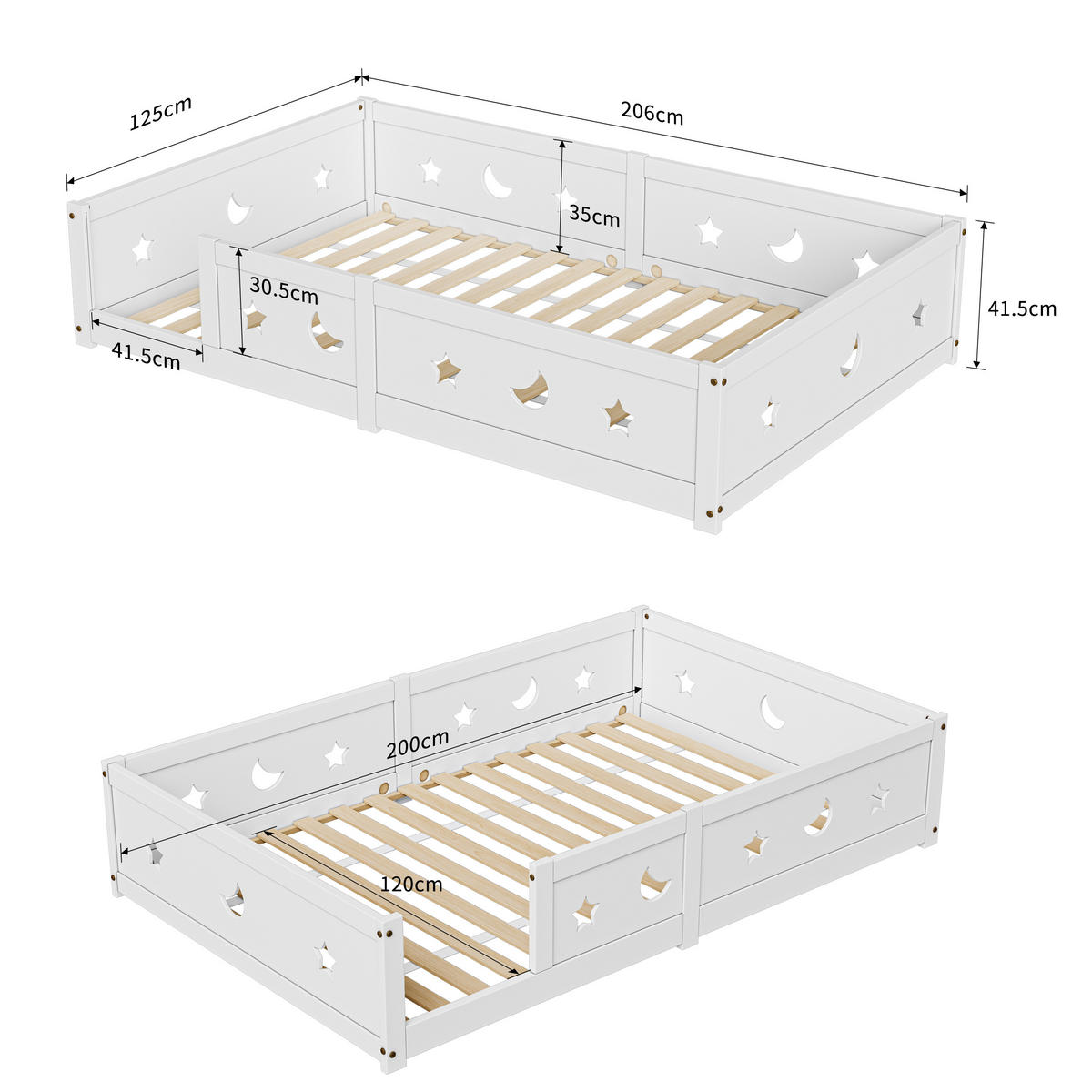 KINDERBETT 120x200 cm Massivholz Lattenrost Stern Mond weiß - Weiß, Holz (120/200cm) - LEBENLANG