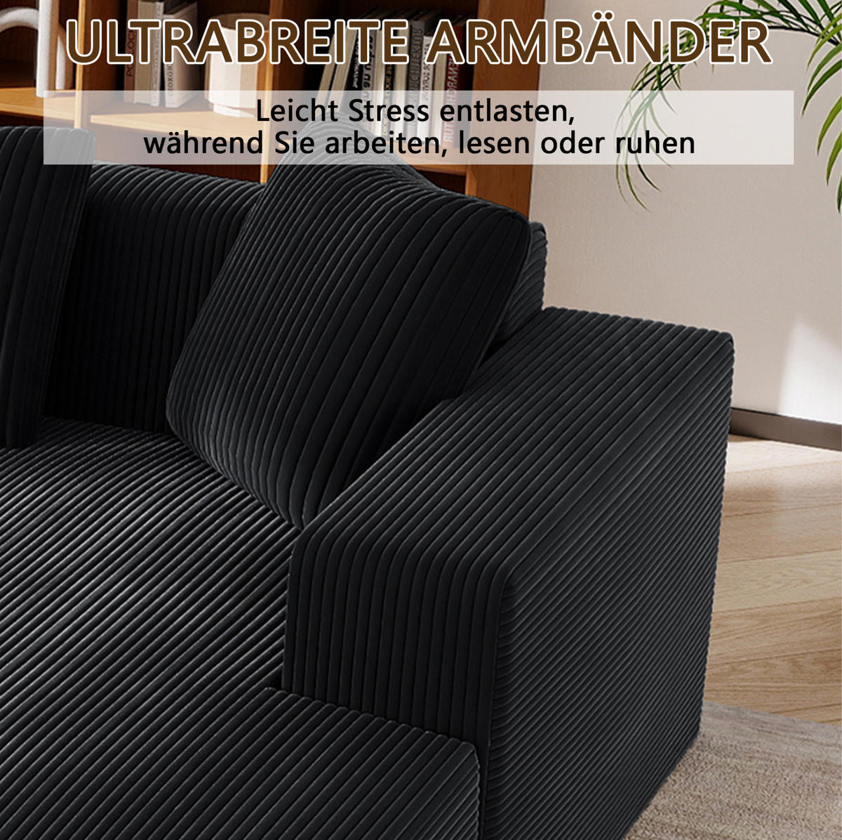 ECKSOFA 261/146/65 cm schwarz aus Cord mit Ottomane und Kissen - Schwarz, Textil (146/261cm) - OKWISH