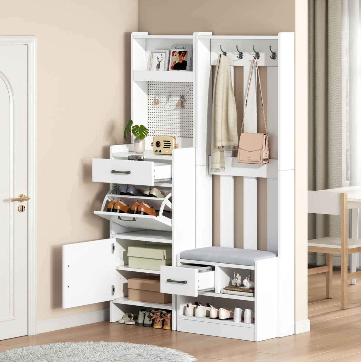 GARDEROBE 7-in-1 mit Schuhbank 110 x 35 x 175,5 cm Spanplatte White - Weiß, Holzwerkstoff (35/175.5/110cm) - Beauniv
