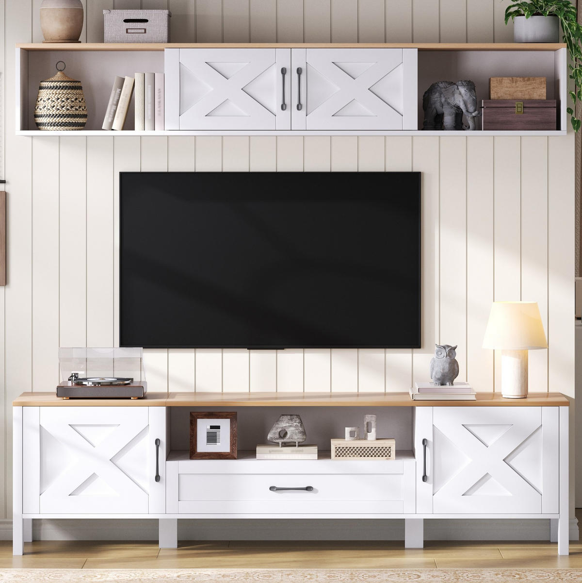 TV set za dnevni boravak 180/40/50 cm bijeli od MDF-a s visećom vitrinom i 4 ormarića - bijela, drvni materijal (180/50/40cm) - OKWISH