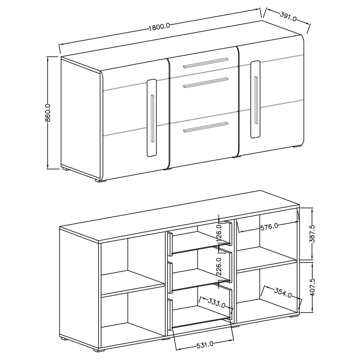 SIDEBOARD TULLIA 180/86/39 cm mit 3 Schubladen und 2 Türen Weiß - Weiß, Holzwerkstoff (180/86/39cm) - MASSENO