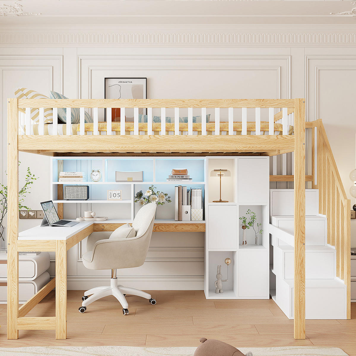 HOCHBETT 140x200cm Weiß + Natur LED-Licht Ablageleiter Schreibtisch - Multicolor, Holz (140/200cm) - FLIEKS