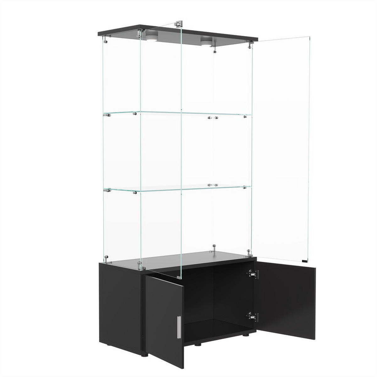 VITRINE - Glasvitrine mit Cabinet-Unterbau - 4 Türen und 3 Ebenen - integrierte LED-Spot-Beleuchtung - Schwarz - Schwarz, Glas (78.51/164/35cm) - DELFA
