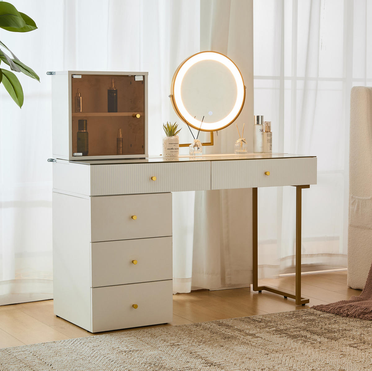 SCHMINKTISCH aus Glas und Spanplatte 120x45x115 cm Weiß/Gold mit LED-Spiegel und flexiblem Seitenschrank - Weiß, Holzwerkstoff (120/115/45cm) - Modfu
