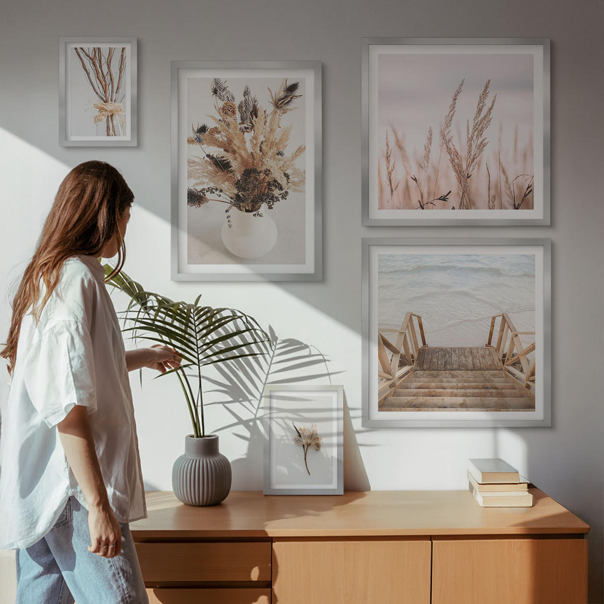 BILDER SET 5er Set - 50x50 cm & 20x30 cm & 40x60 cm Silberner Rahmen - Blumenzweige Minimalismus Natur - Silberfarben, Kunststoff (40/60cm) - TULUP