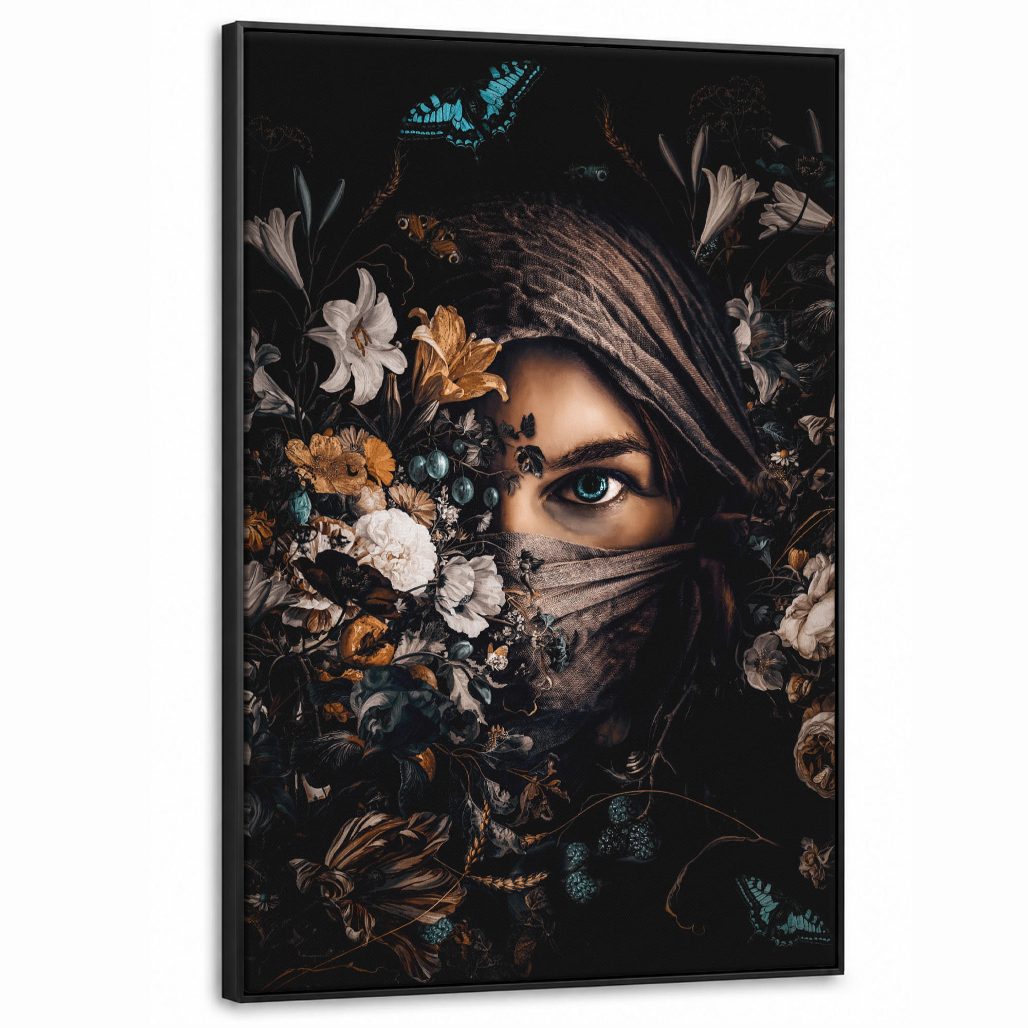 LEINWAND Bilder mit Rahmen - Frau - Luxus - Blumen - Schmetterling - Porträt - 100x150 - Schwarz, Textil (100/150cm) - MuchoWow