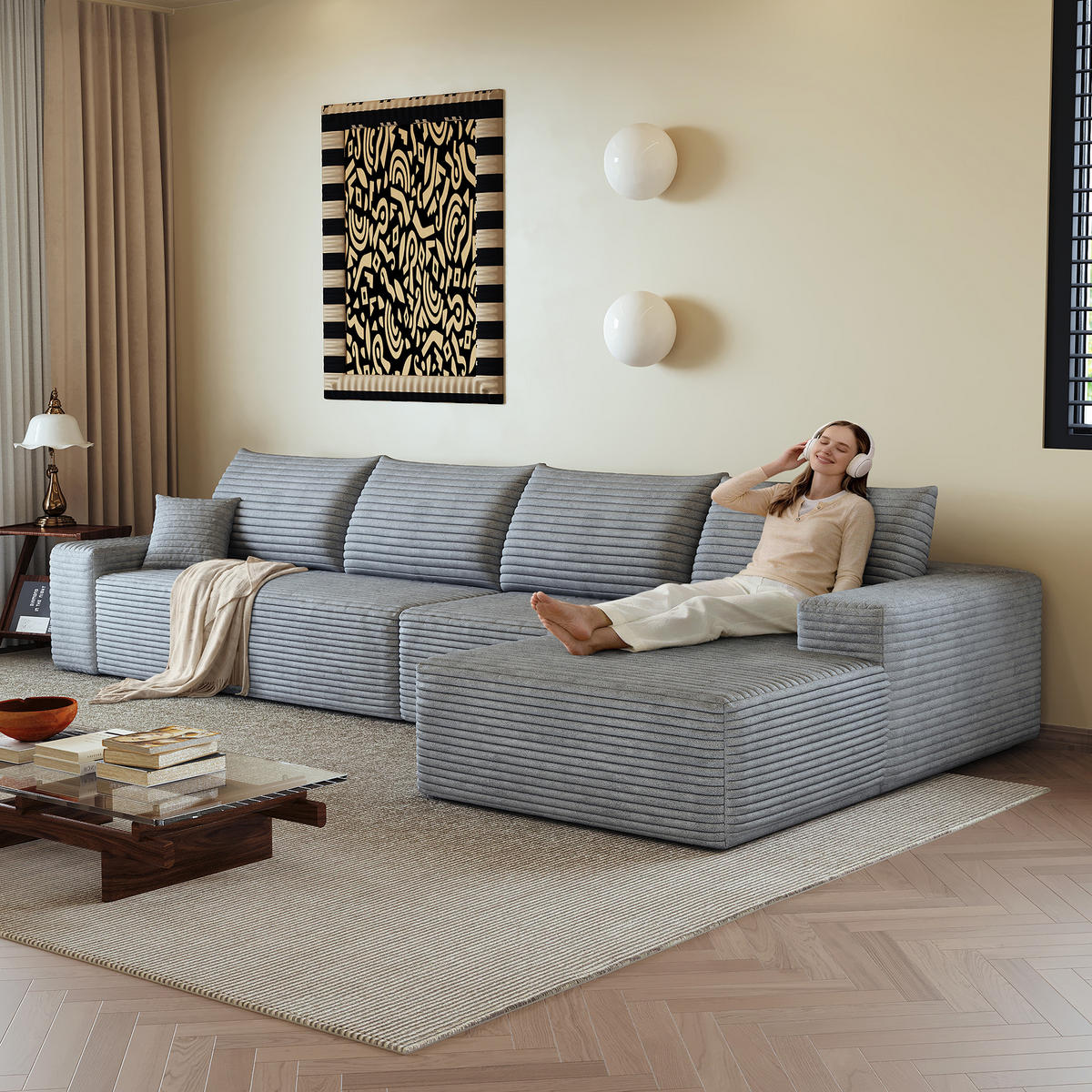 ECKSOFA 340/175/83 cm Grau mit L-förmiger Chaiselongue, Rechte Seite - Grau, Textil (340/175cm) - Oxeza