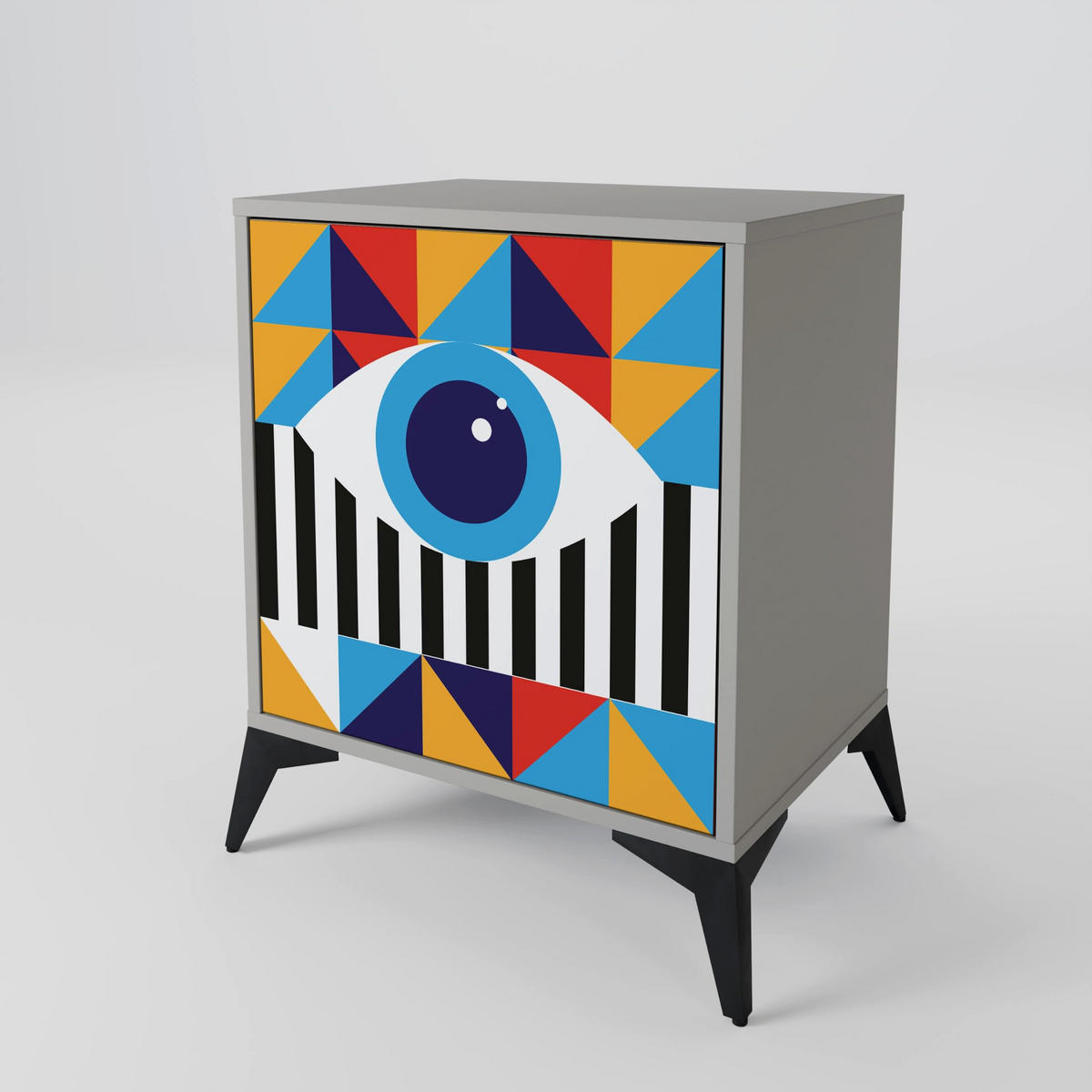 SIDEBOARD ABSTRACTION AND GEOMETRY, Grau, 57,5x42x72,5 cm, Schwarze Metallfüße - Multicolor/Schwarz, Holzwerkstoff/Metall (57.5/72.5/42cm) - SpaceRebels