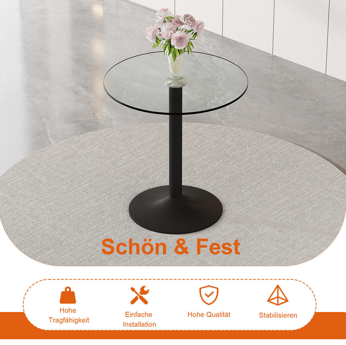 RUNDER Bartisch 89/89 cm, Höhe 92 cm mit Glasplatte und schwarzem Metallgestell - Schwarz, Holzwerkstoff (89/89/92cm) - BEAOK