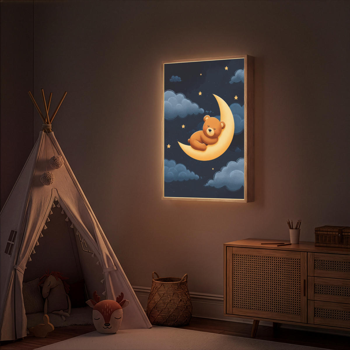 NACHTTISCHLAMPE MIT AKKU Teddybär - Mond - Wolken - Sterne 60x90 cm - Dunkelblau, Holzwerkstoff (8/60/90cm) - OnlyWow