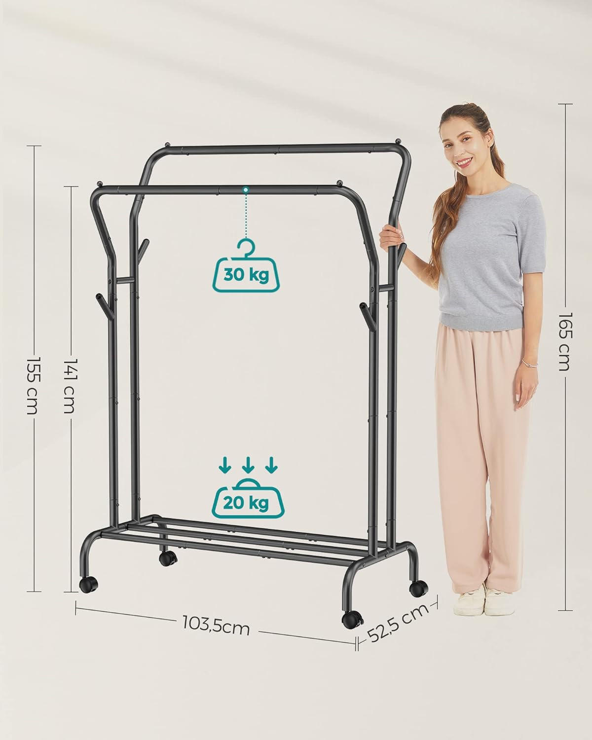 KLEIDERREGAL auf rädern, schwarz - Schwarz, Metall (103.5/155/52.5cm) - A2A Home