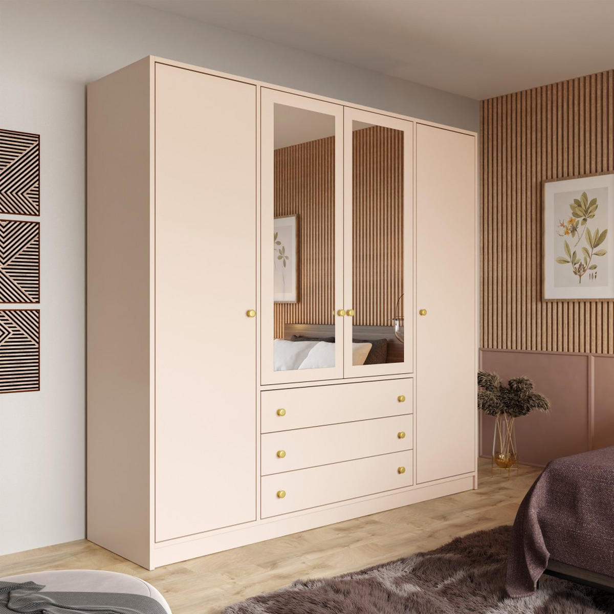 DREHTÜRENSCHRANK Solea Lux mit 4 Türen und 3 Schubladen, Beige - Beige/Goldfarben, Holzwerkstoff (196/200/58cm) - Beautysofa