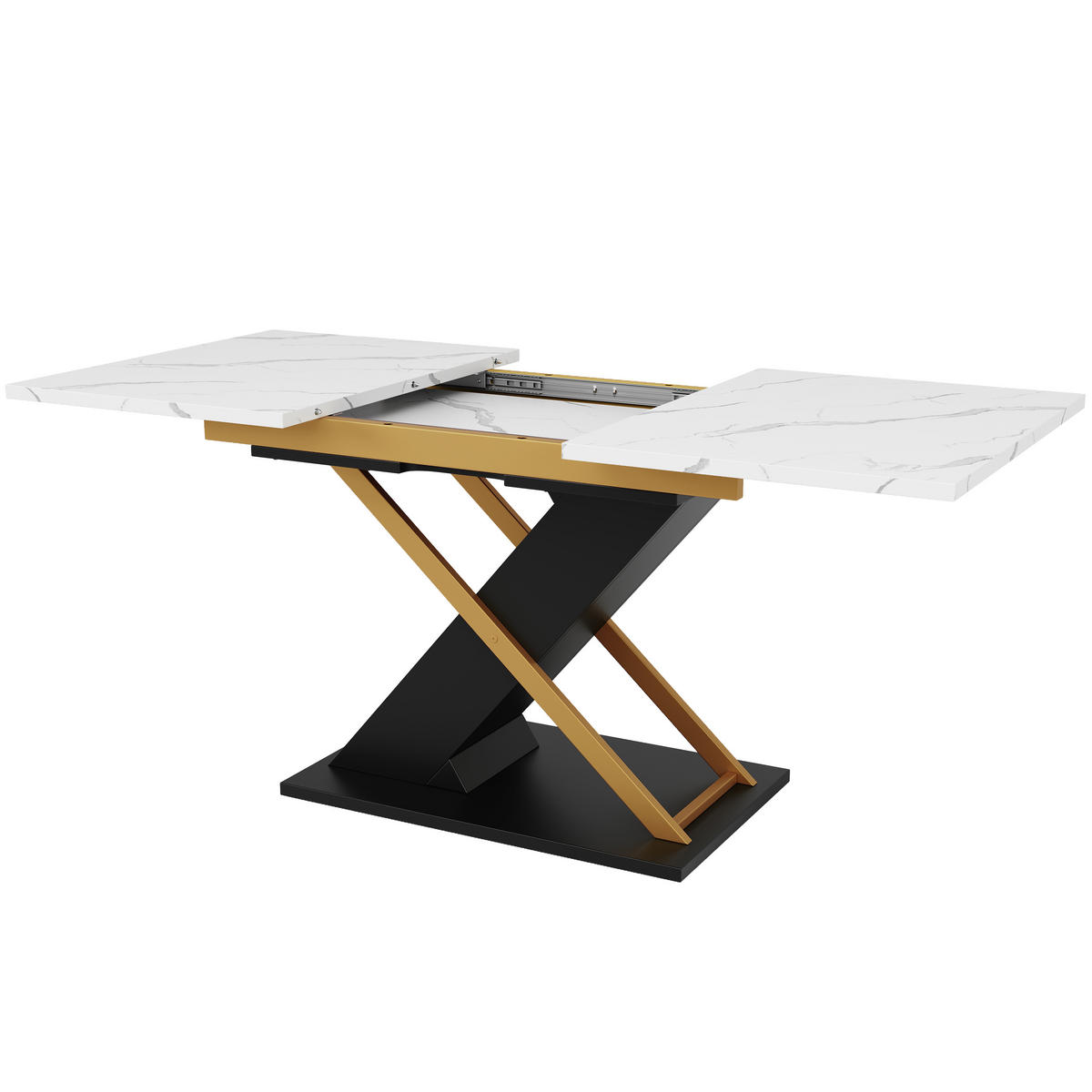ESSTISCH 120-160x80x75 cm in Weiß Gold Schwarz aus MDF mit Marmoroptik auf schwarzen Kreuzbeinen ausziehbar - Weiß, Holzwerkstoff (160/80/75.4cm) - Modfu