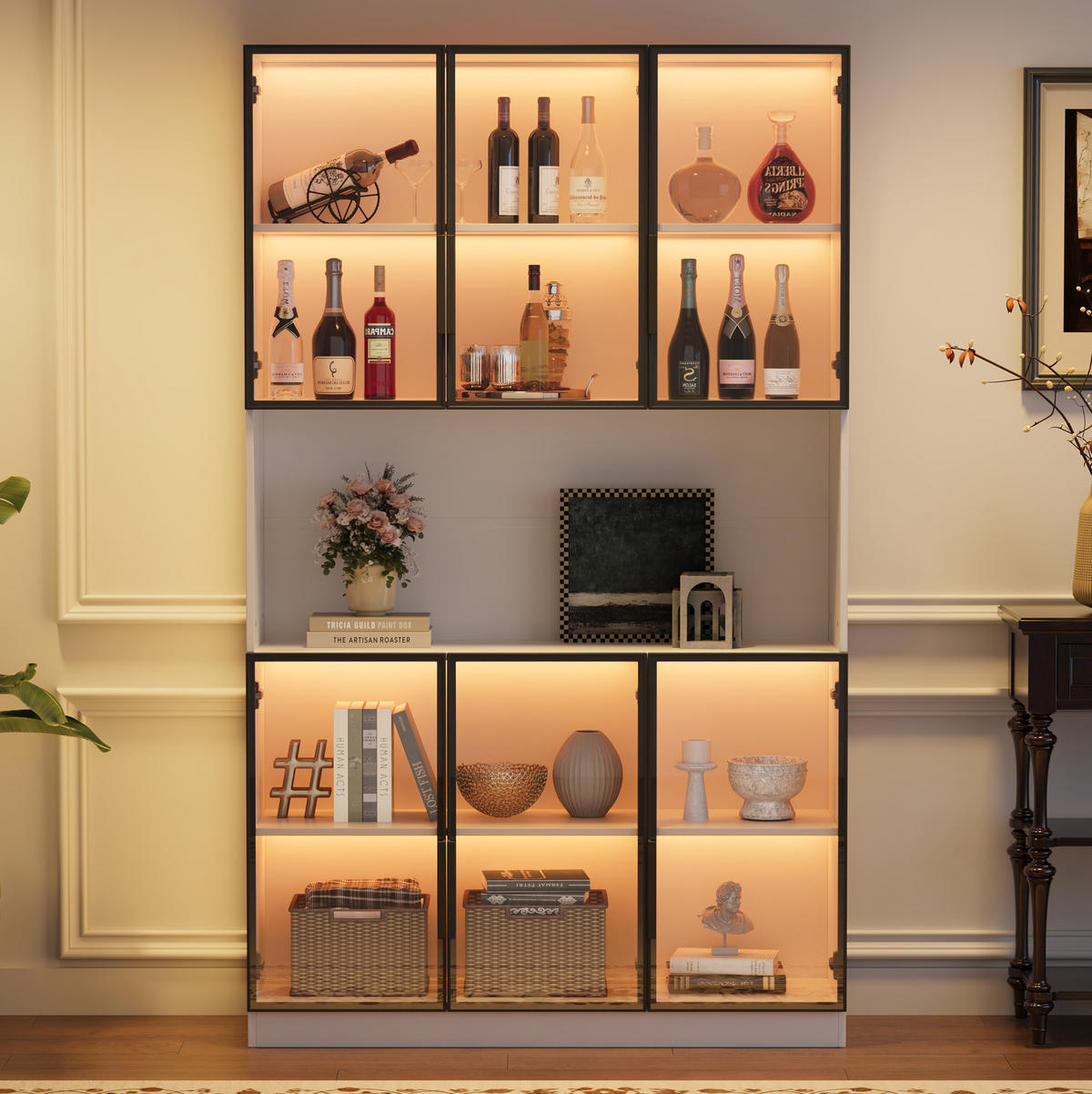 VITRINE aus MDF und Glas 120x34x200 cm Weiß mit LED-Beleuchtung und 6 Türen - Weiß, Holzwerkstoff (120/200/34cm) - IVMEU